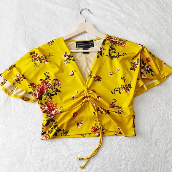 Gold Yellow Floral Drawstring Neckline Crop Top - Picture 2 of 8